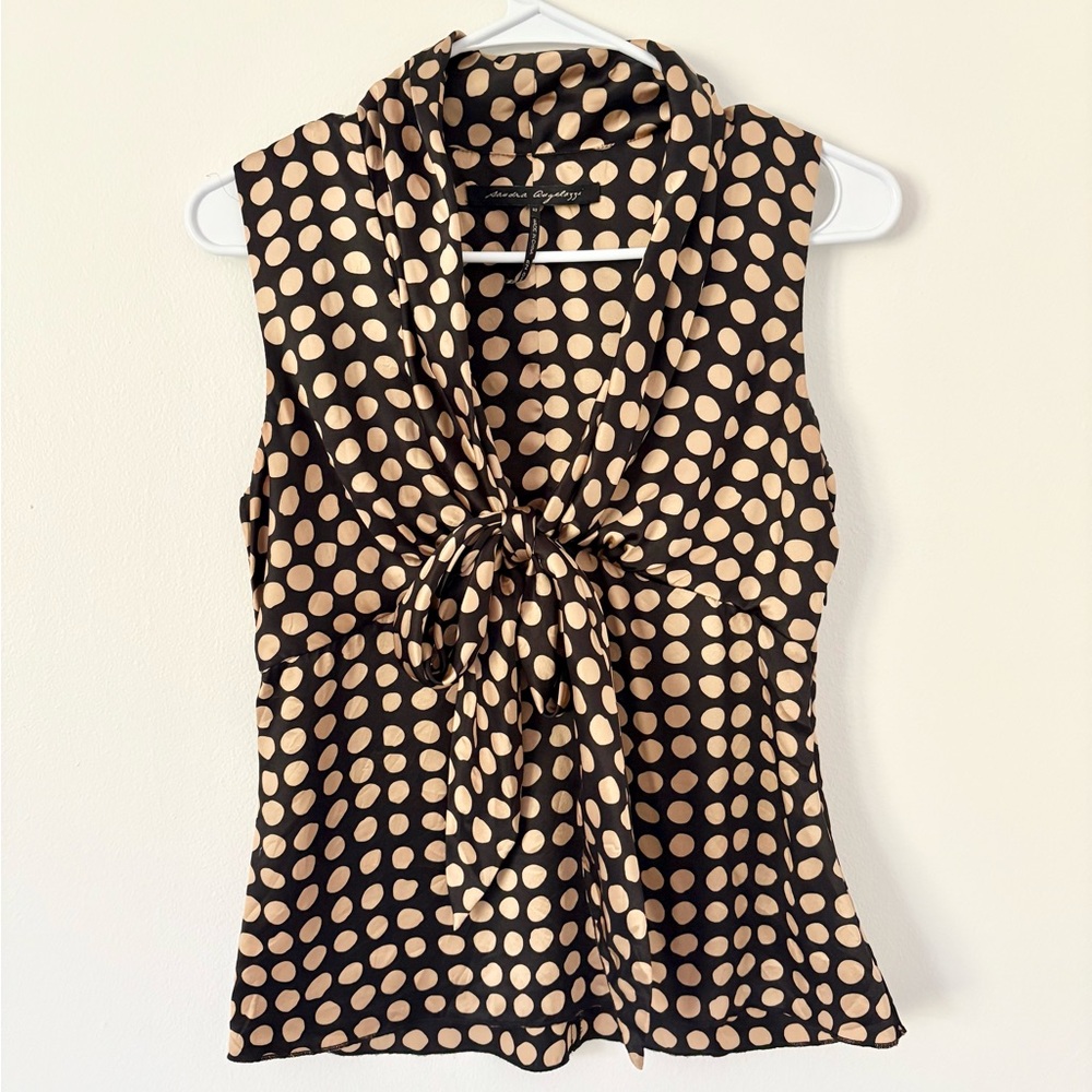 Sandra Angelozzi Black Tan Polka Dot Silk Front Tie Sleeveless Blouse Size 2
